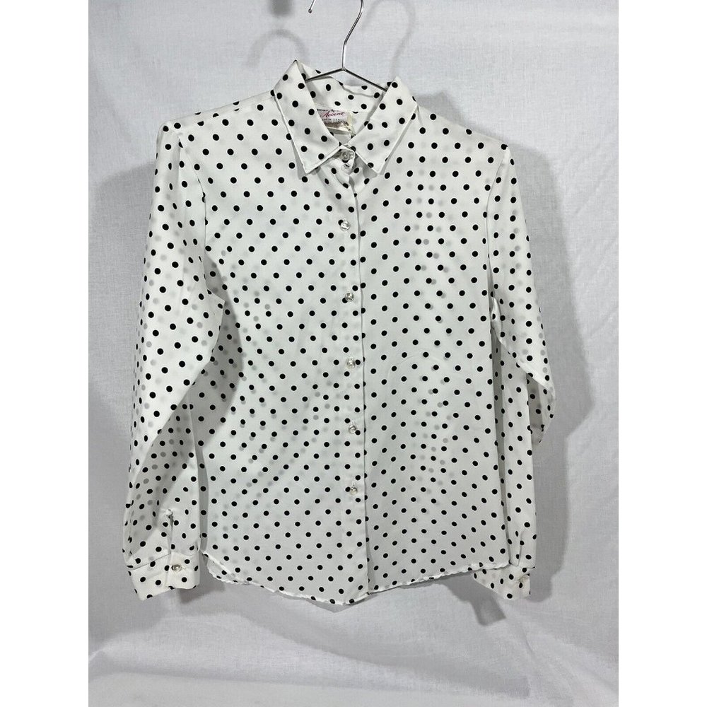 Vintage Accent Brand White and Black Polka Dot Medium Button Up Blouse USA made
